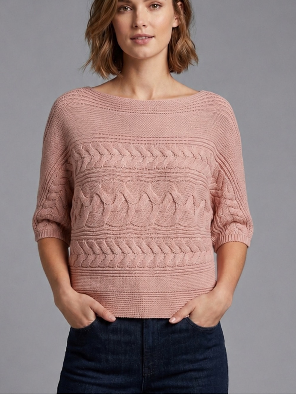 Bebe Dusty Rose Metallic Drop Shoulder 3/4 Sleeve Thick Knit Sweater